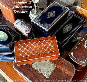 Opulent Antique TAHAN, Paris, Kingwood Desk Box w Double Inkwells, Pen Tray