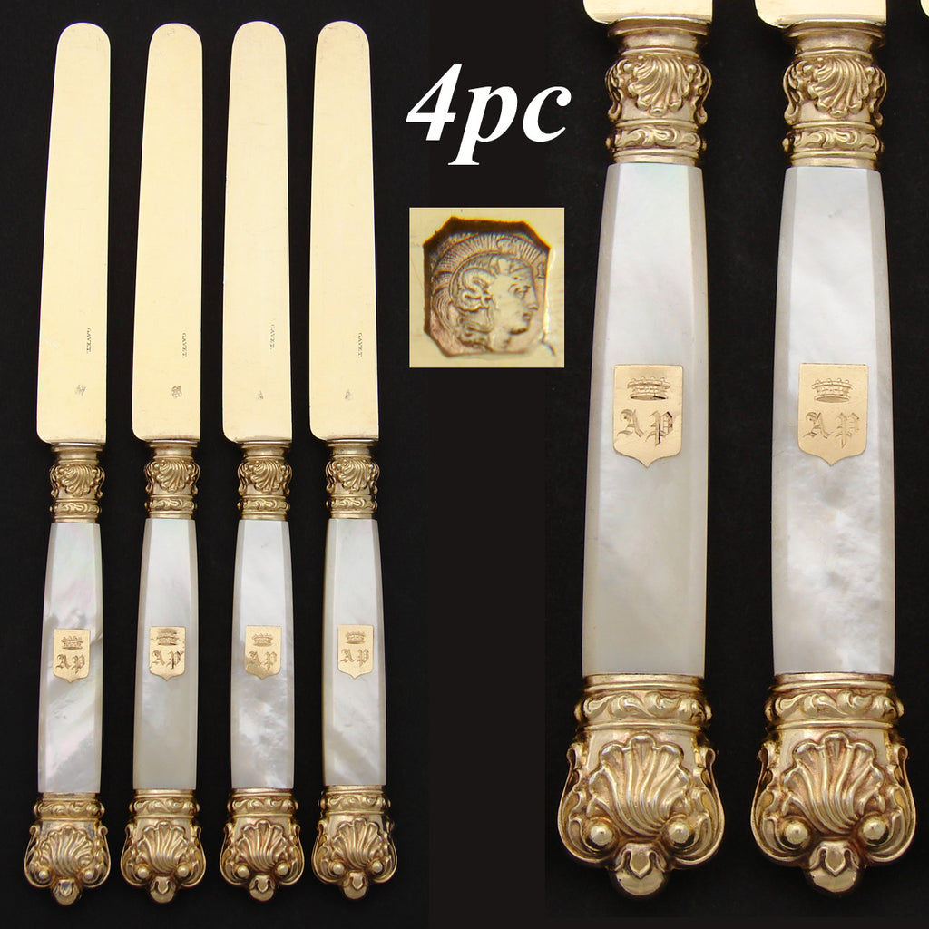 Antique French 18k Gold on Sterling Silver Vermeil & Mother of Pearl 4pc Knife Set, Crowns