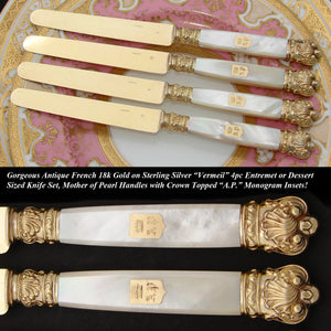 Antique French 18k Gold on Sterling Silver Vermeil & Mother of Pearl 4pc Knife Set, Crowns