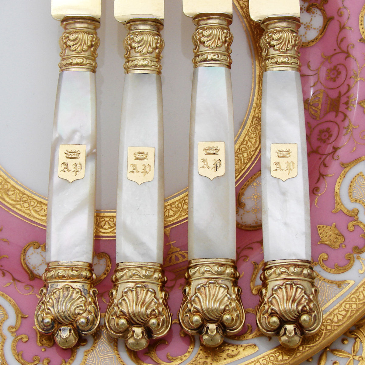 Antique French 18k Gold on Sterling Silver Vermeil & Mother of Pearl 4pc Knife Set, Crowns