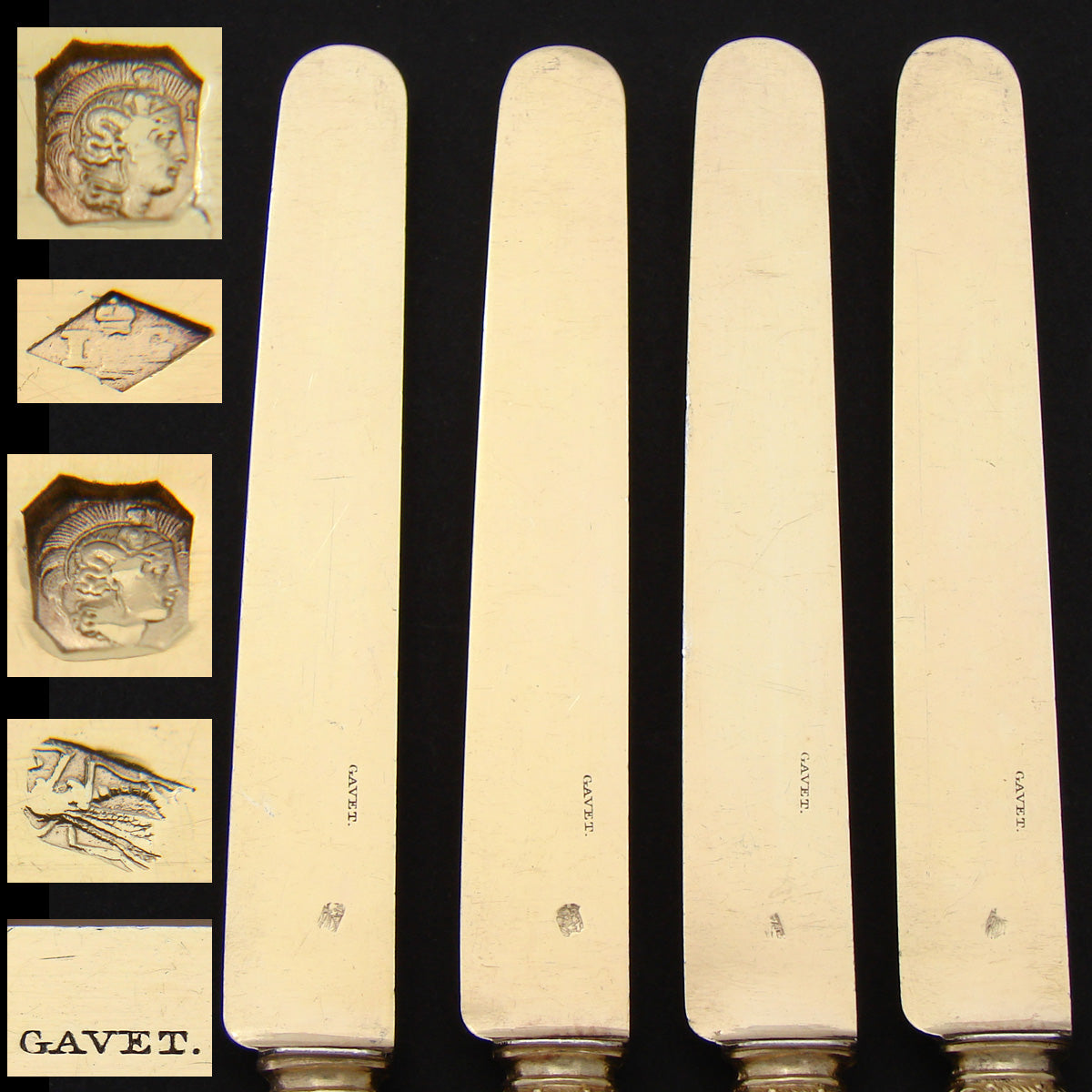 Antique French 18k Gold on Sterling Silver Vermeil & Mother of Pearl 4pc Knife Set, Crowns