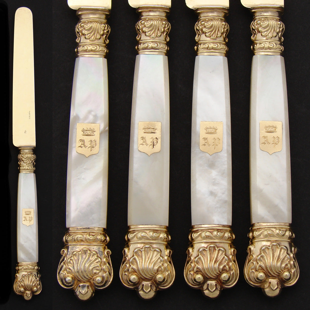 Antique French 18k Gold on Sterling Silver Vermeil & Mother of Pearl 4pc Knife Set, Crowns