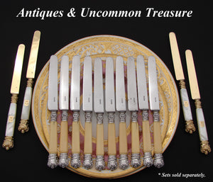 Antique French 18k Gold on Sterling Silver Vermeil & Mother of Pearl 4pc Knife Set, Crowns