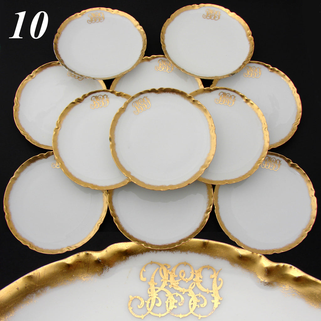 Fine Set of 10 Antique French Haviland Limoges Plates, 7.5" Salad or Dessert Set, Gold