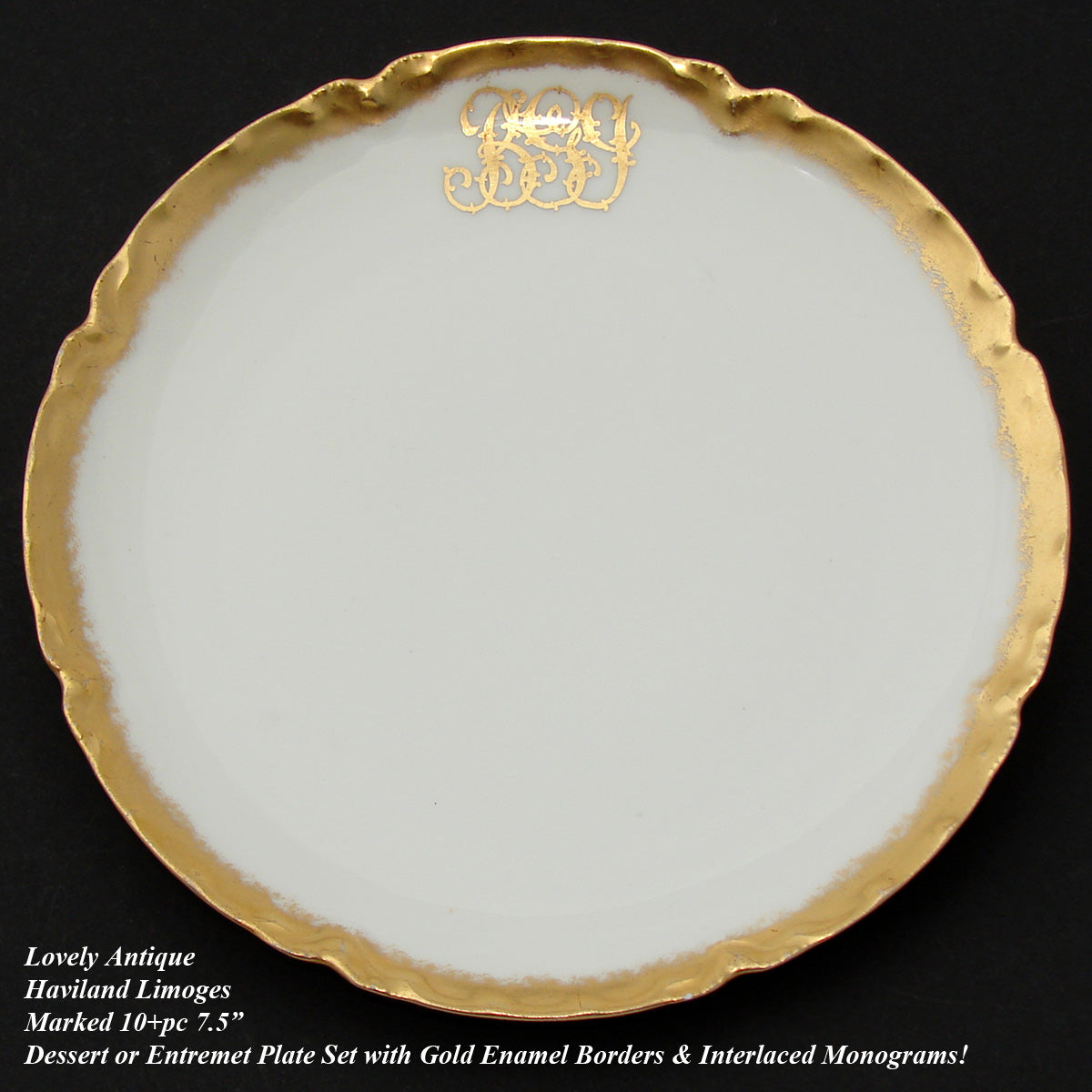 Fine Set of 10 Antique French Haviland Limoges Plates, 7.5" Salad or Dessert Set, Gold