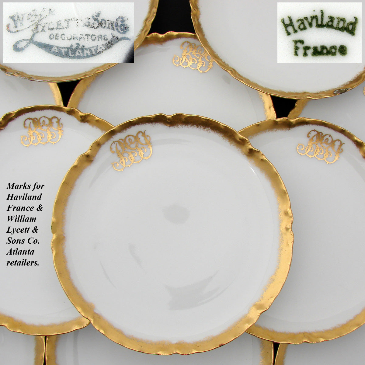 Fine Set of 10 Antique French Haviland Limoges Plates, 7.5" Salad or Dessert Set, Gold