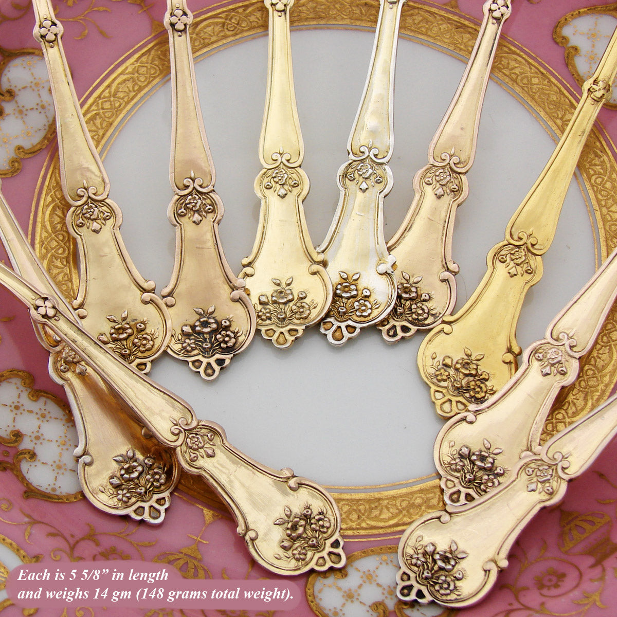 Elegant Antique French 18k Gold on Solid Silver 11pc Teaspoon Set, Floral Pattern