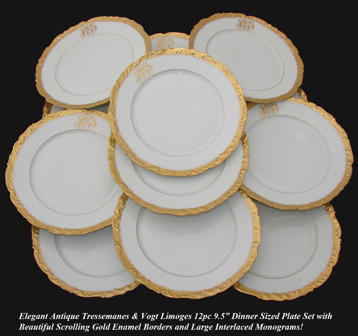 Elegant set of 12 Gold Enamel Rim, Monogram Dinner Plates, 19th C.T&V Limoges France 9.5"