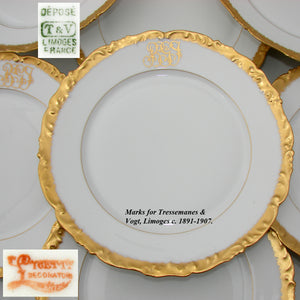 Elegant set of 12 Gold Enamel Rim, Monogram Dinner Plates, 19th C.T&V Limoges France 9.5"