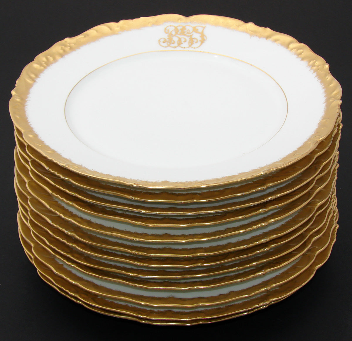 Elegant set of 12 Gold Enamel Rim, Monogram Dinner Plates, 19th C.T&V Limoges France 9.5"