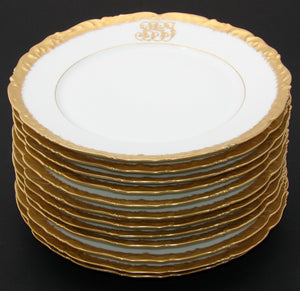 Elegant set of 12 Gold Enamel Rim, Monogram Dinner Plates, 19th C.T&V Limoges France 9.5"