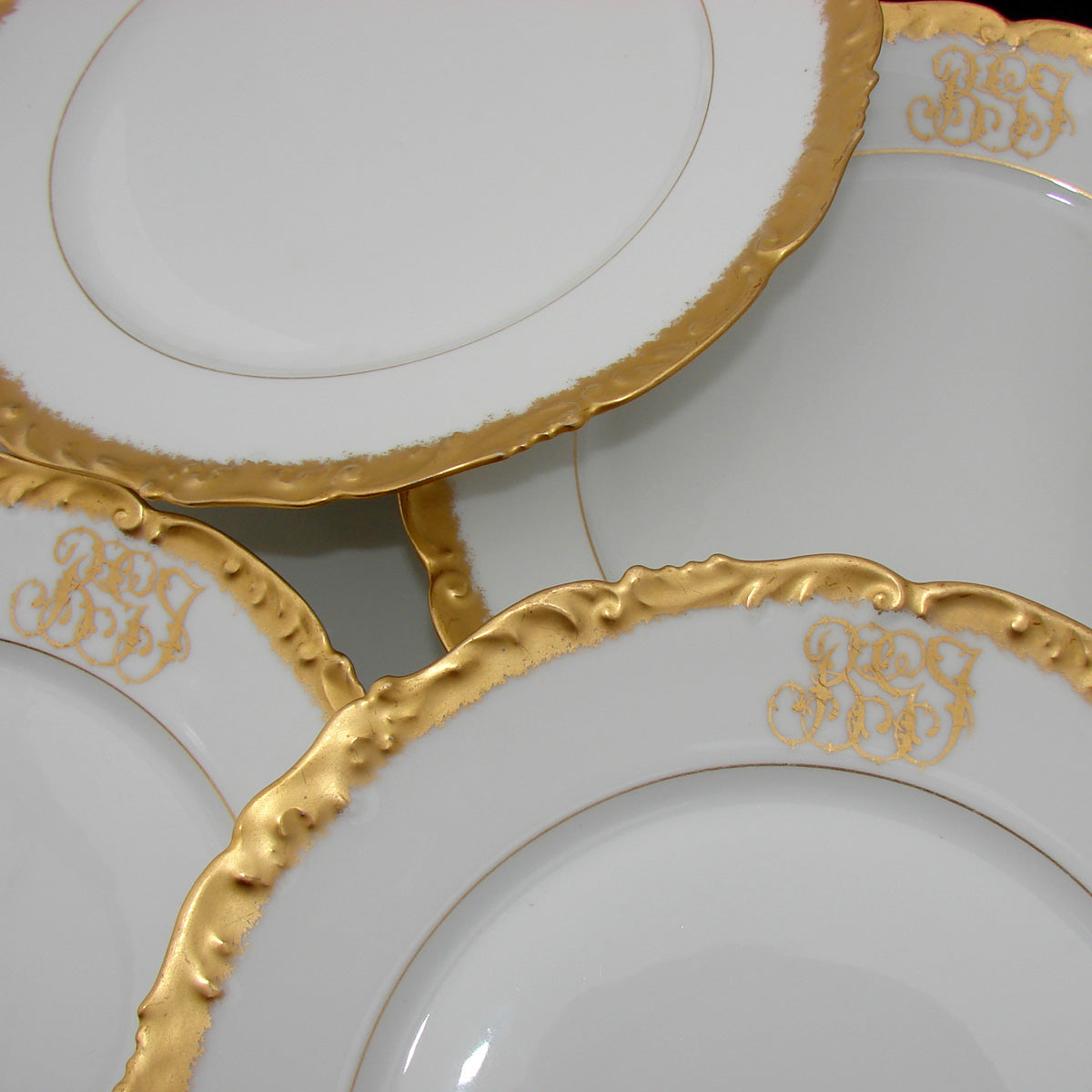 Elegant set of 12 Gold Enamel Rim, Monogram Dinner Plates, 19th C.T&V Limoges France 9.5"