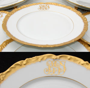 Elegant set of 12 Gold Enamel Rim, Monogram Dinner Plates, 19th C.T&V Limoges France 9.5"