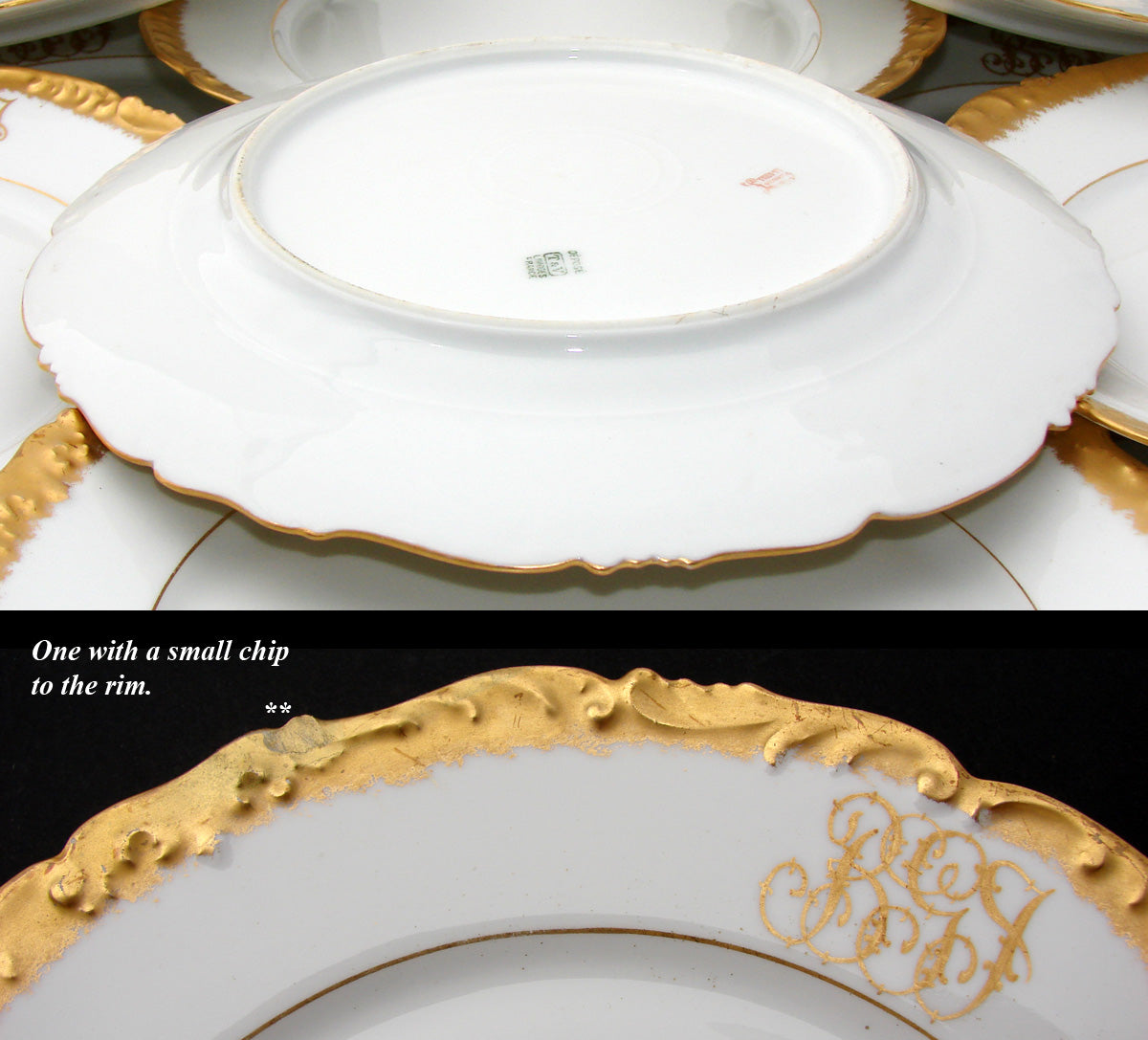 Elegant set of 12 Gold Enamel Rim, Monogram Dinner Plates, 19th C.T&V Limoges France 9.5"