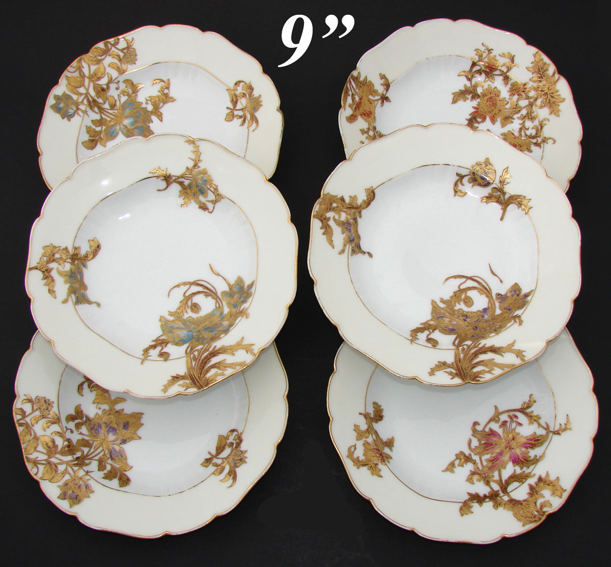 Antique Haviland French 6pc Set of 9" Soup Bowls, Hand Painted Raised Gold Flowers,