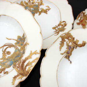 Antique Haviland French 6pc Set of 9" Soup Bowls, Hand Painted Raised Gold Flowers,