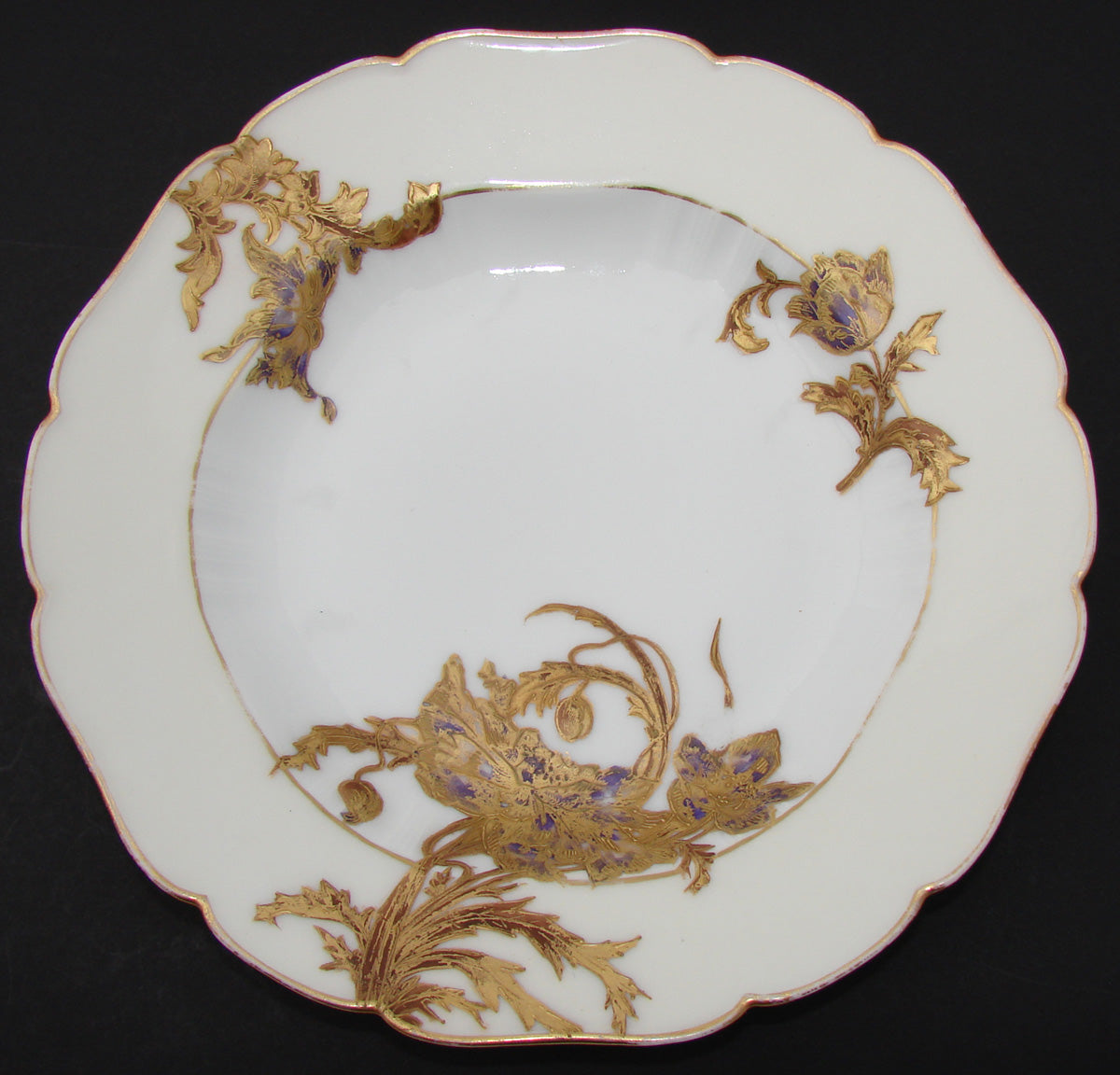 Antique Haviland French 6pc Set of 9" Soup Bowls, Hand Painted Raised Gold Flowers,