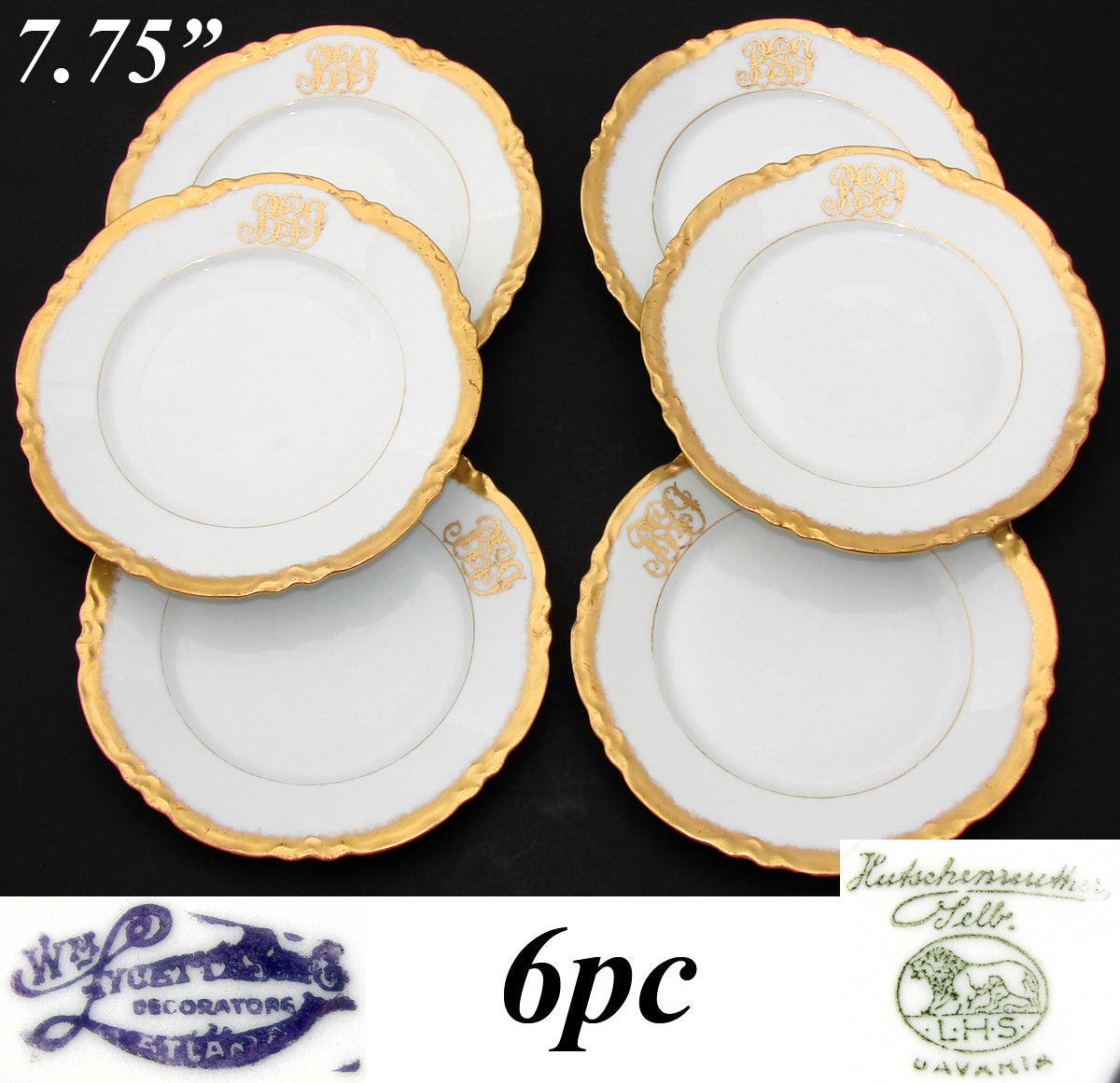 Set of 6 Antique Dessert Plates 6pc, 7 3/4" Gold Enamel and Elegant Monogram Bavari-)*++++++++++++