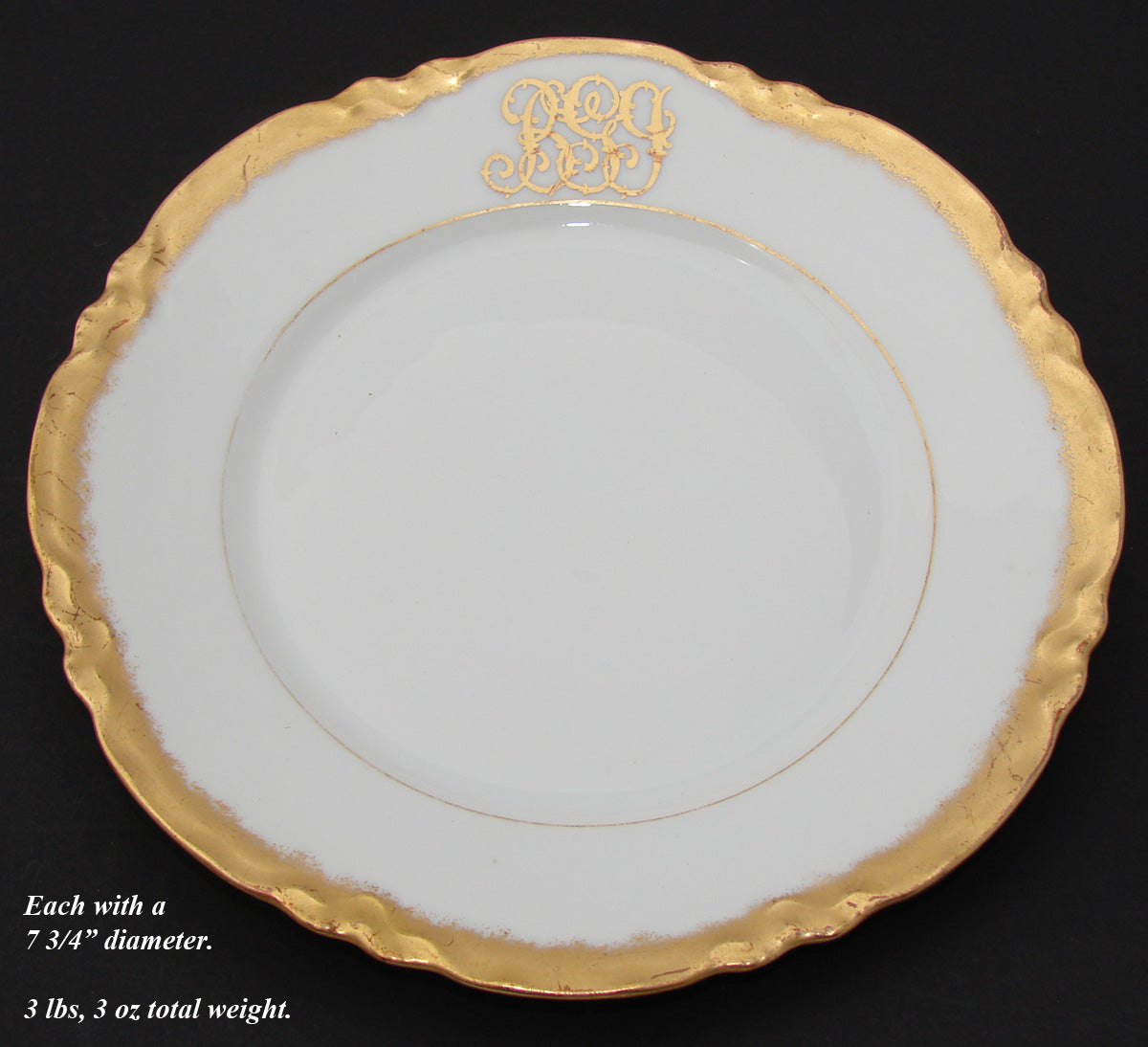 Set of 6 Antique Dessert Plates 6pc, 7 3/4" Gold Enamel and Elegant Monogram Bavari-)*++++++++++++