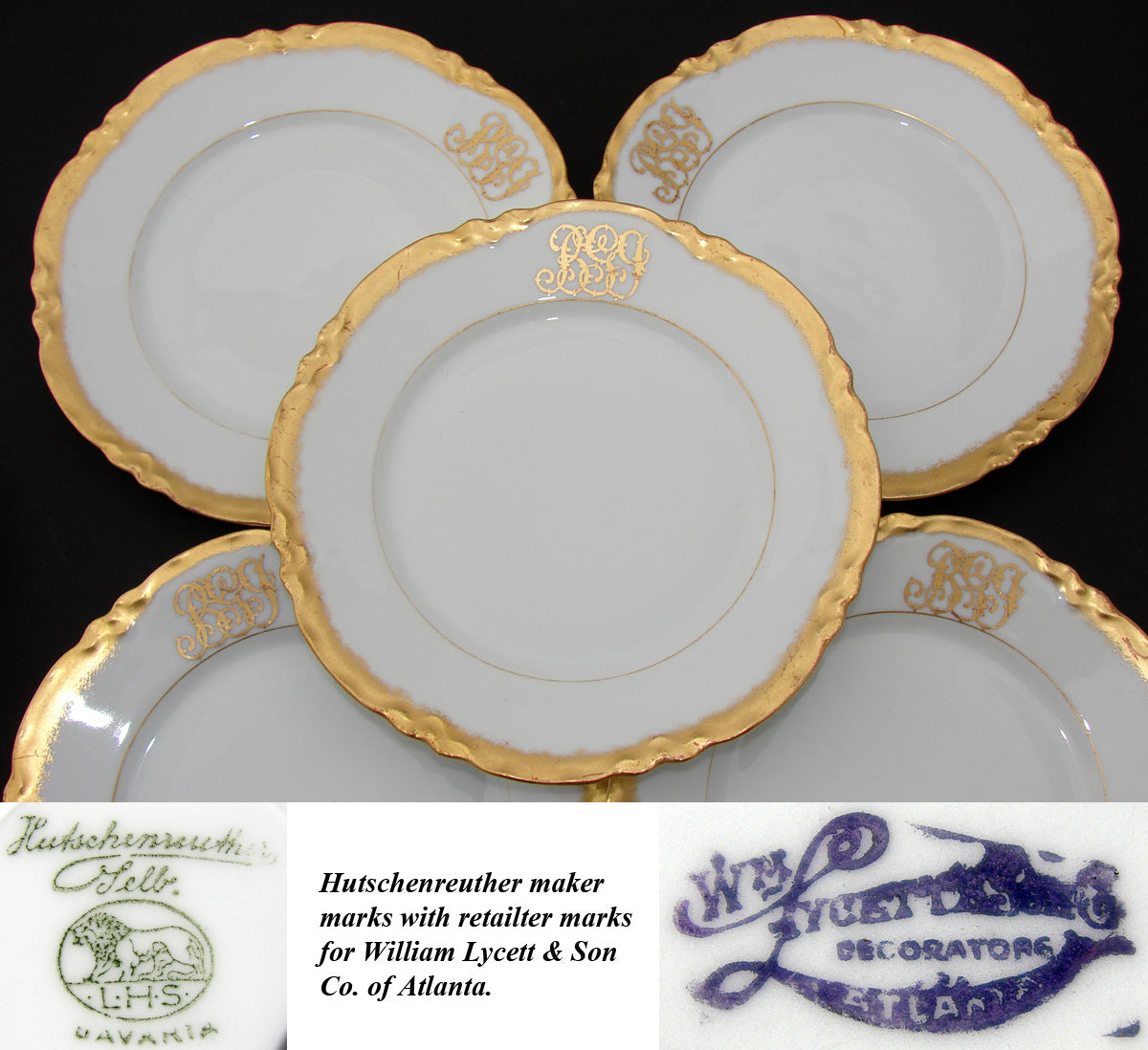 Set of 6 Antique Dessert Plates 6pc, 7 3/4" Gold Enamel and Elegant Monogram Bavari-)*++++++++++++