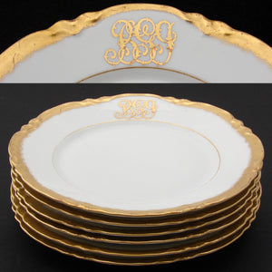 Set of 6 Antique Dessert Plates 6pc, 7 3/4" Gold Enamel and Elegant Monogram Bavari-)*++++++++++++