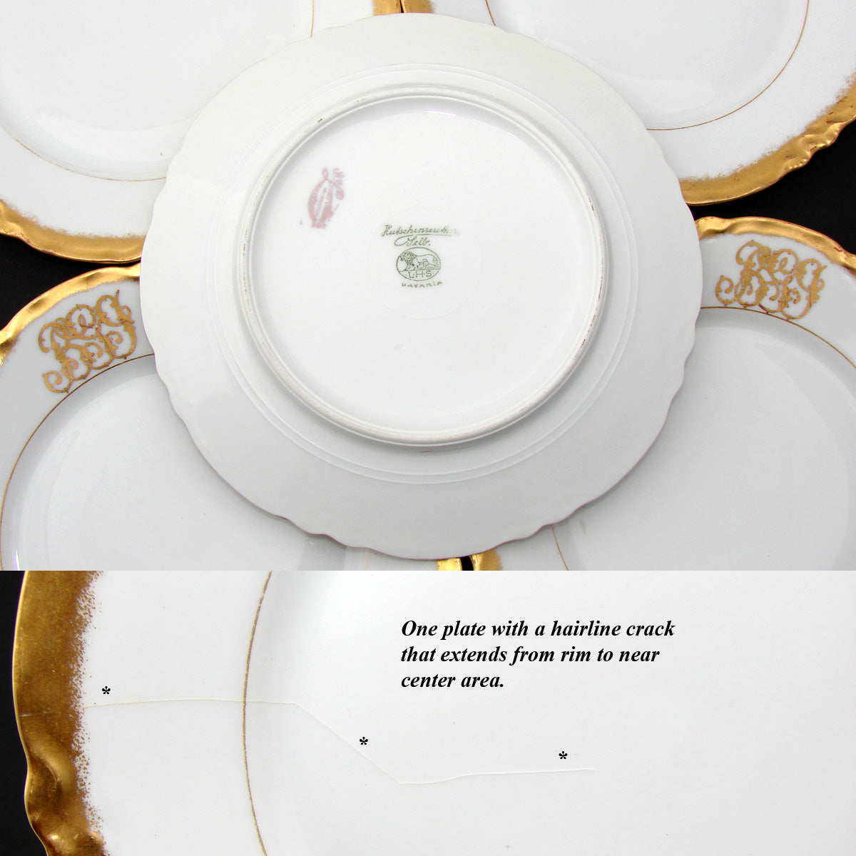 Set of 6 Antique Dessert Plates 6pc, 7 3/4" Gold Enamel and Elegant Monogram Bavari-)*++++++++++++