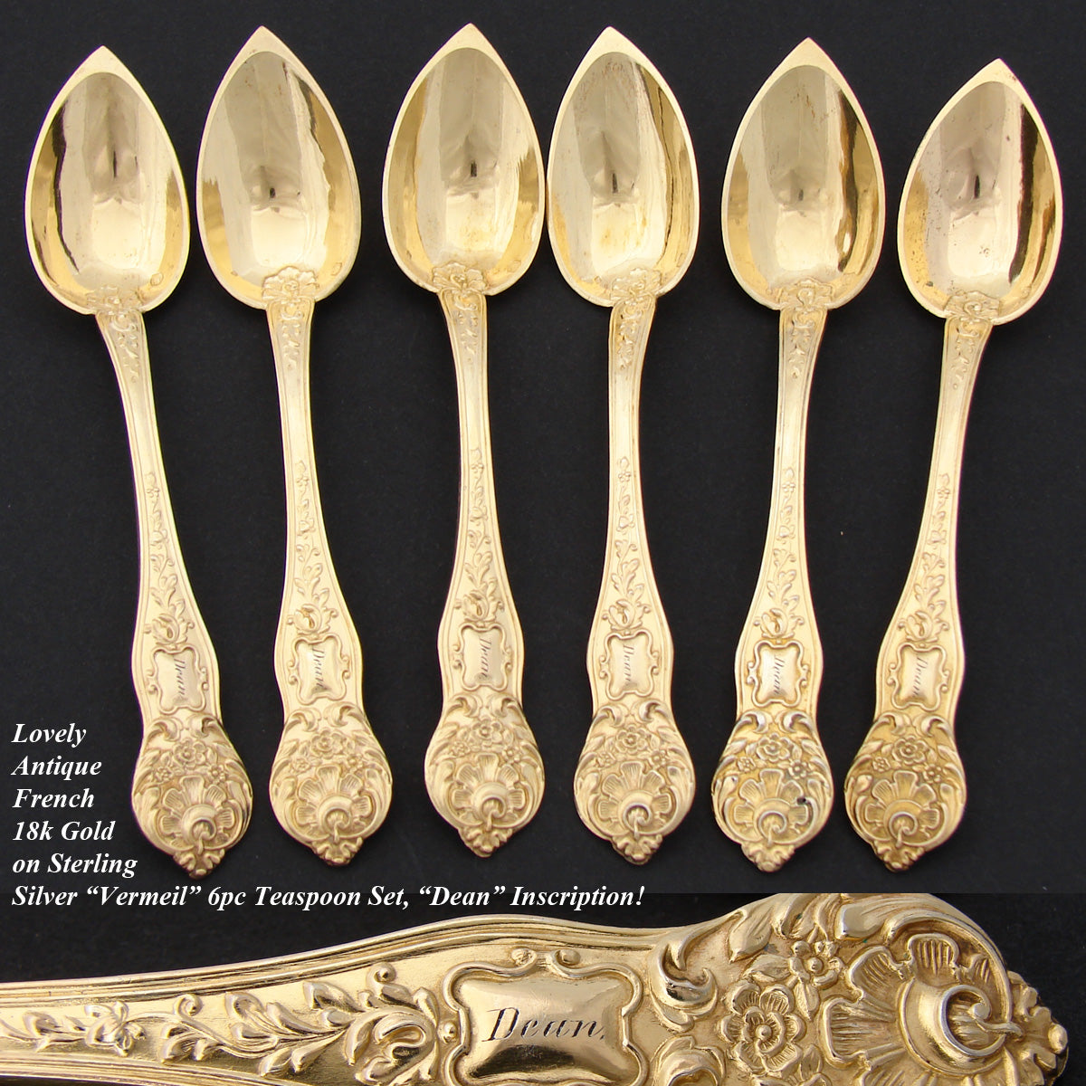 Elegant Antique French 18k Gold on Sterling Silver "Vermeil" 6pc Teaspoon Set, "Dean" Inscription