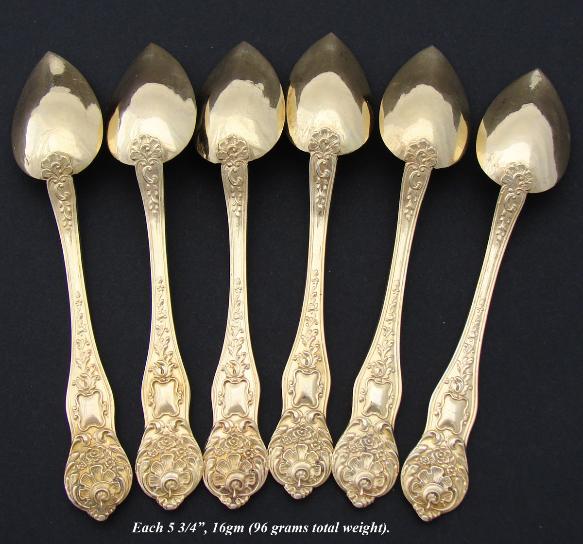 Elegant Antique French 18k Gold on Sterling Silver "Vermeil" 6pc Teaspoon Set, "Dean" Inscription