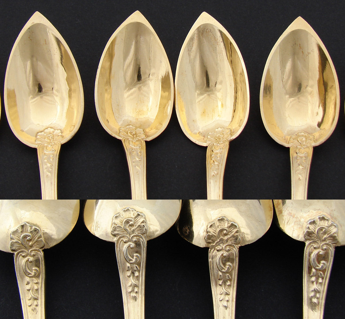 Elegant Antique French 18k Gold on Sterling Silver "Vermeil" 6pc Teaspoon Set, "Dean" Inscription