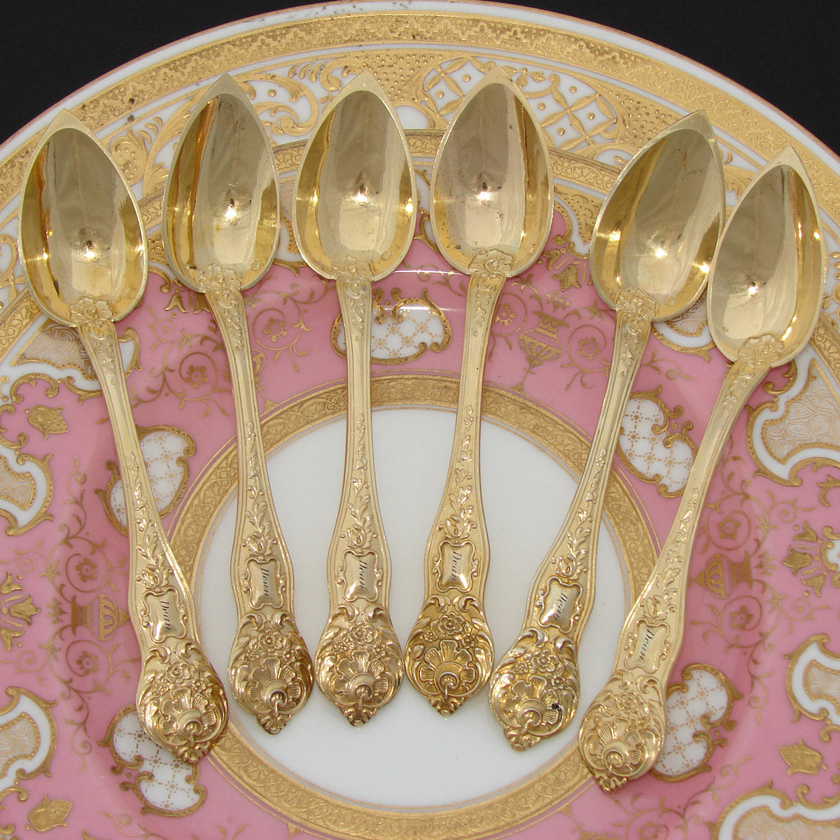 Elegant Antique French 18k Gold on Sterling Silver "Vermeil" 6pc Teaspoon Set, "Dean" Inscription