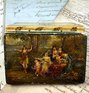 Elegant 19th Century Neoclassical Miniature Painting, Portraits on Ivory Snuff Box, Vernis Martin