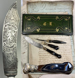 Antique French 18th Century Writer's Set, Box, Letter Opener, Sceau, Seal, Agate & Engraved Hunter