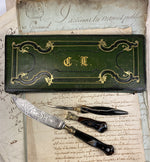 Antique French 18th Century Writer's Set, Box, Letter Opener, Sceau, Seal, Agate & Engraved Hunter