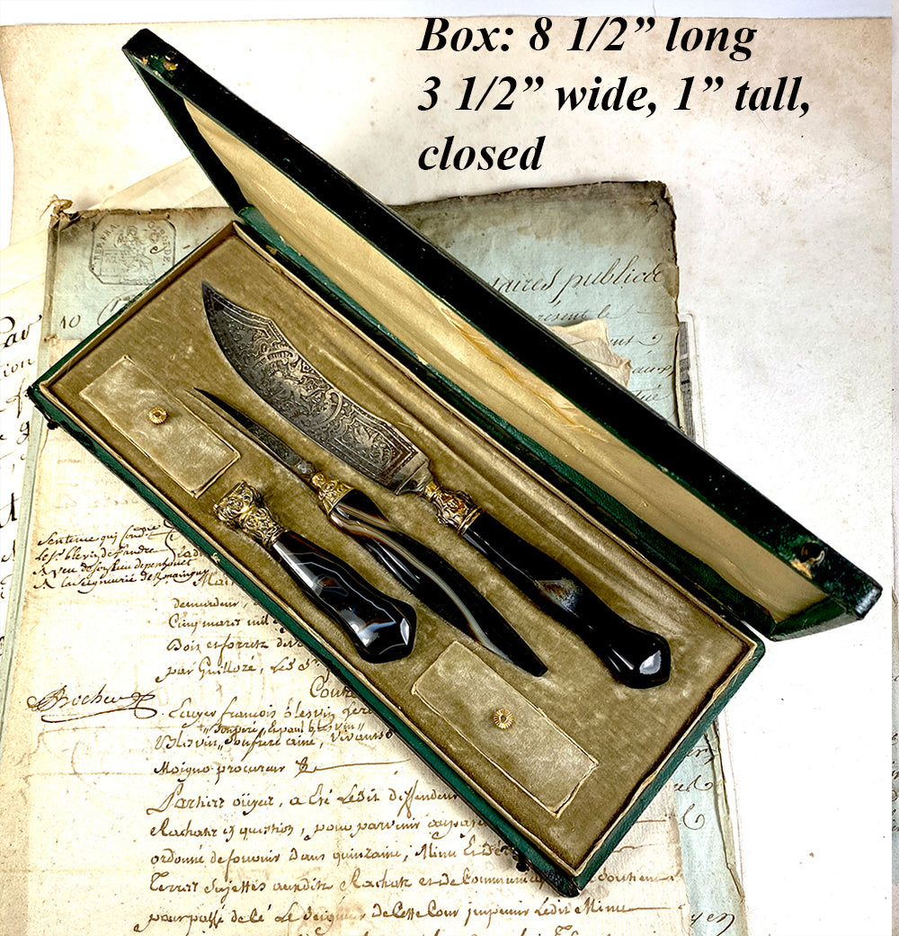 Antique French 18th Century Writer's Set, Box, Letter Opener, Sceau, Seal, Agate & Engraved Hunter