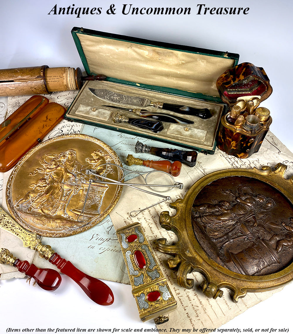 Antique French 18th Century Writer's Set, Box, Letter Opener, Sceau, Seal, Agate & Engraved Hunter