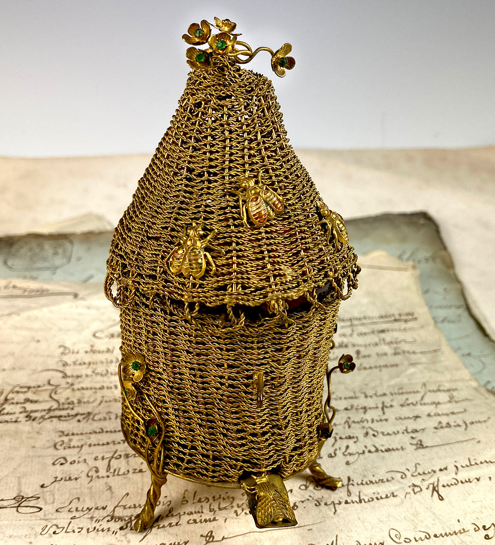 Antique French c. 1810 Woven Wire Hive, Bees, Flowers w 13 Emerald Inkwell or Mustard Jar