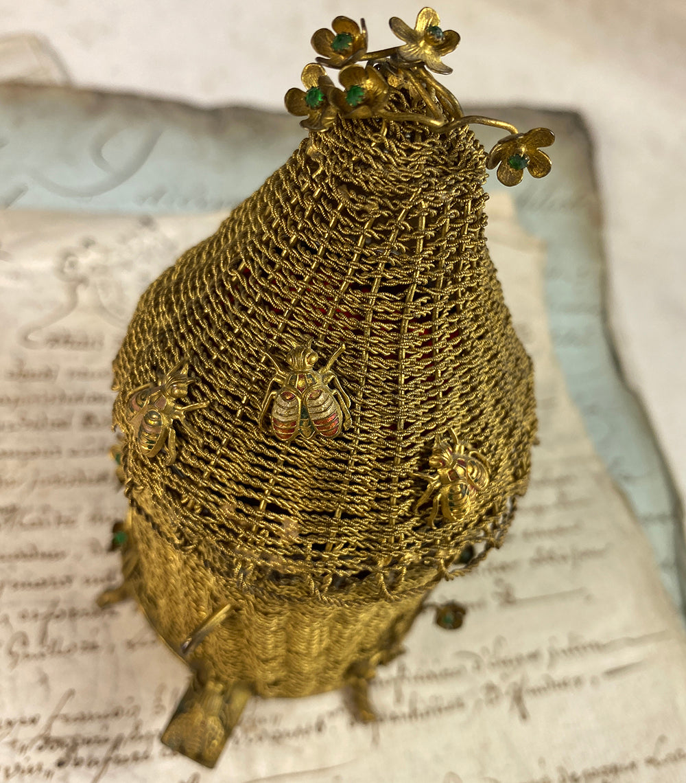 Antique French c. 1810 Woven Wire Hive, Bees, Flowers w 13 Emerald Inkwell or Mustard Jar