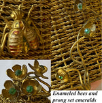 Antique French c. 1810 Woven Wire Hive, Bees, Flowers w 13 Emerald Inkwell or Mustard Jar