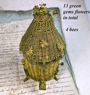 Antique French c. 1810 Woven Wire Hive, Bees, Flowers w 13 Emerald Inkwell or Mustard Jar