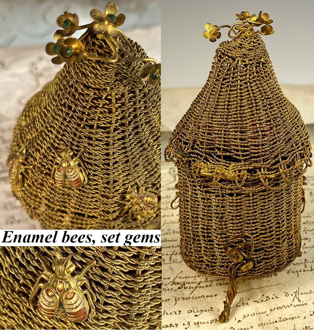 Antique French c. 1810 Woven Wire Hive, Bees, Flowers w 13 Emerald Inkwell or Mustard Jar