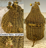 Antique French c. 1810 Woven Wire Hive, Bees, Flowers w 13 Emerald Inkwell or Mustard Jar