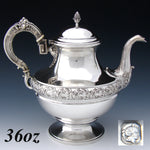 Elegant Antique French Sterling Silver 36oz Coffee or Tea Pot, Ornate Foliage Garland