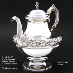 Elegant Antique French Sterling Silver 36oz Coffee or Tea Pot, Ornate Foliage Garland