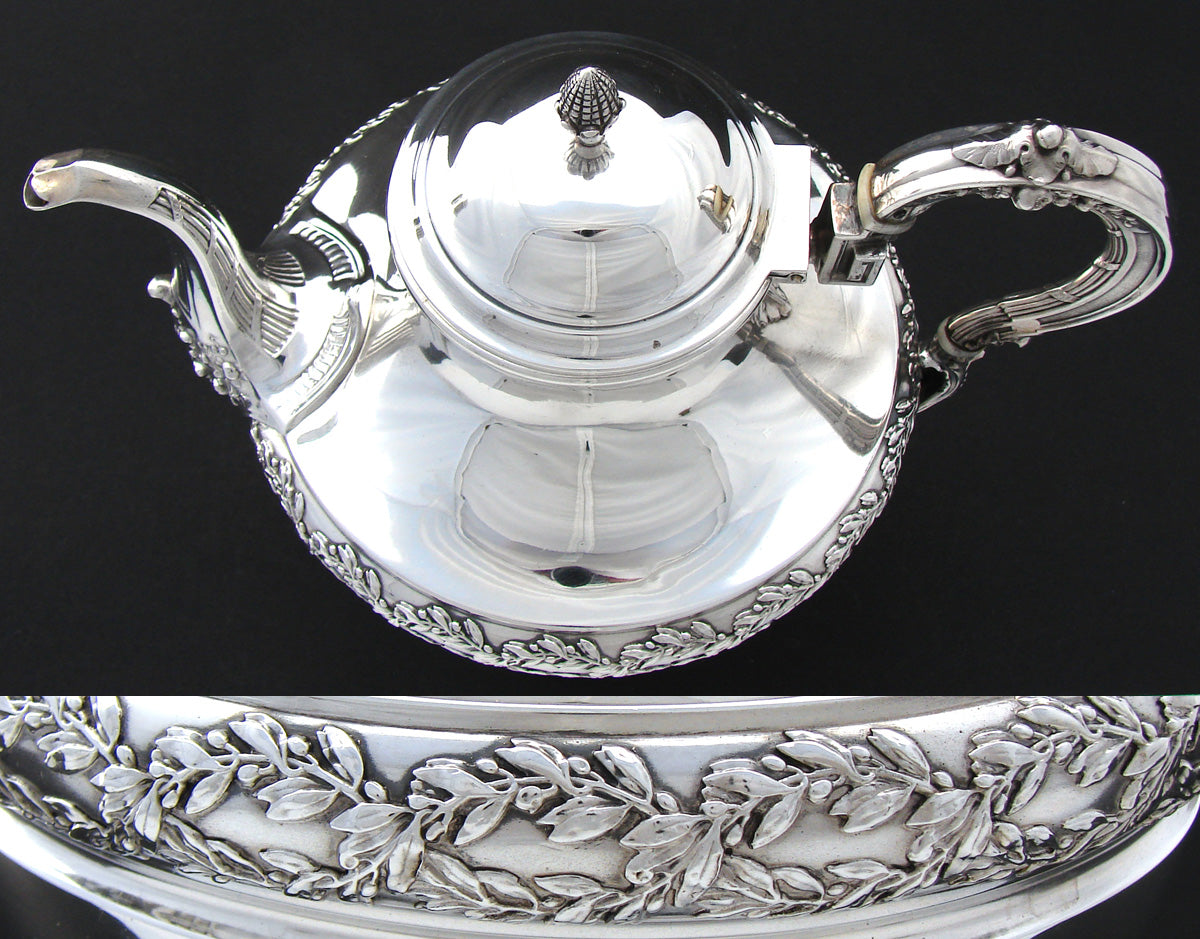 Elegant Antique French Sterling Silver 36oz Coffee or Tea Pot, Ornate Foliage Garland