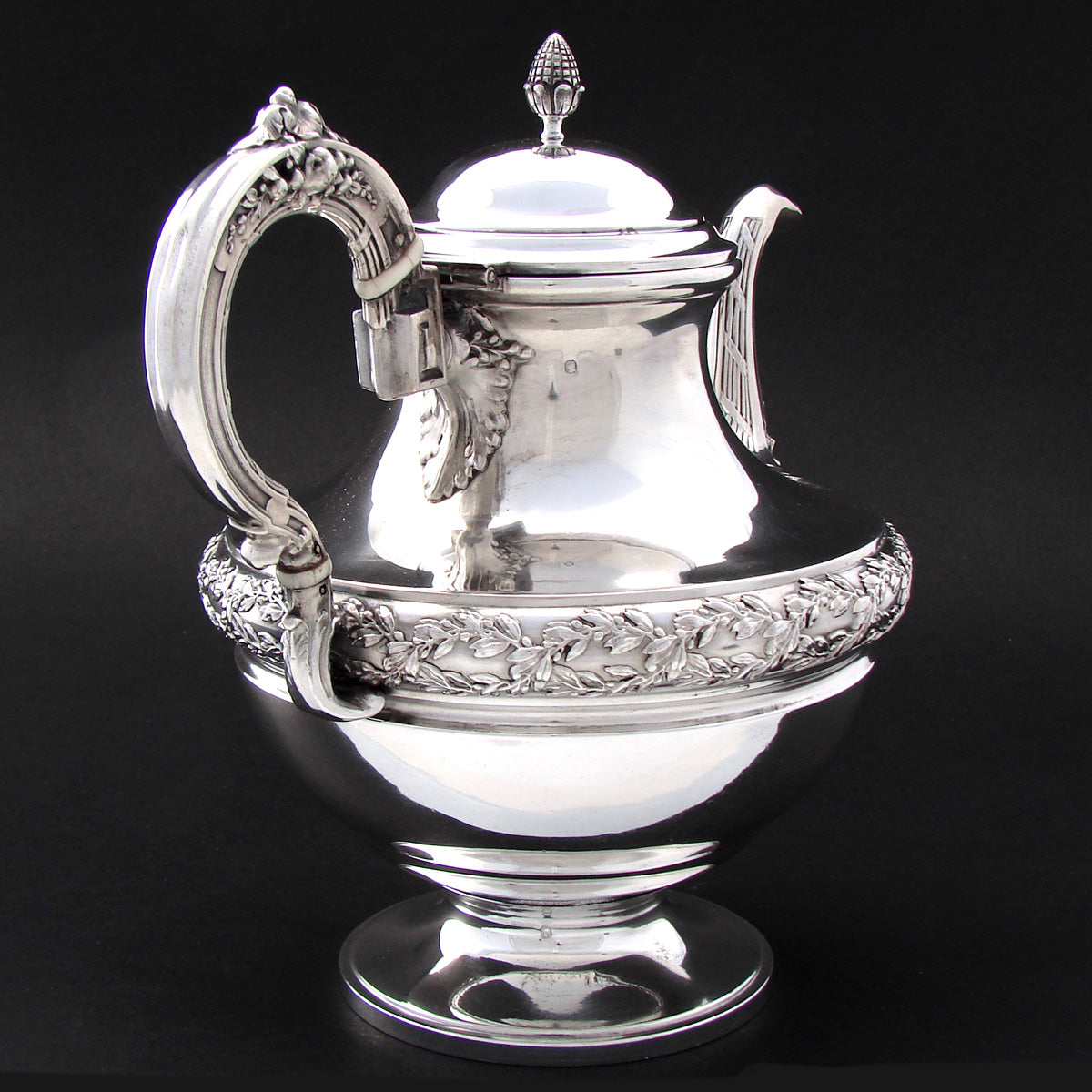 Elegant Antique French Sterling Silver 36oz Coffee or Tea Pot, Ornate Foliage Garland