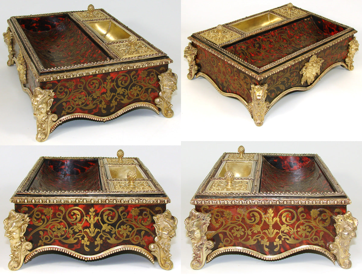 Antique Napoleon III Boulle Inlay 12" Double Inkwell, Figural Inlay, Bronze Feet & Appliques