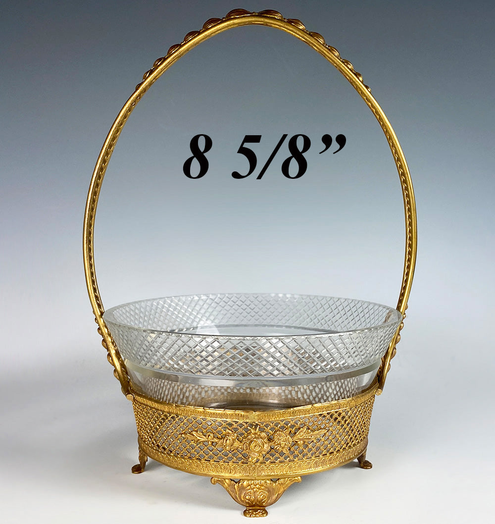 Charming Antique French Ormolu Basket with Cut Crystal Bowl, Flower or Bonbon Vase