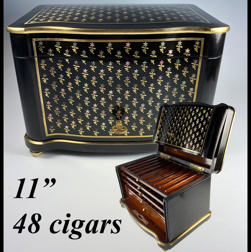 Fine Antique French Napoleon III Boulle & Ebony 11" x 7.5" Cigar Cabinet, Chest, Box, c.1850