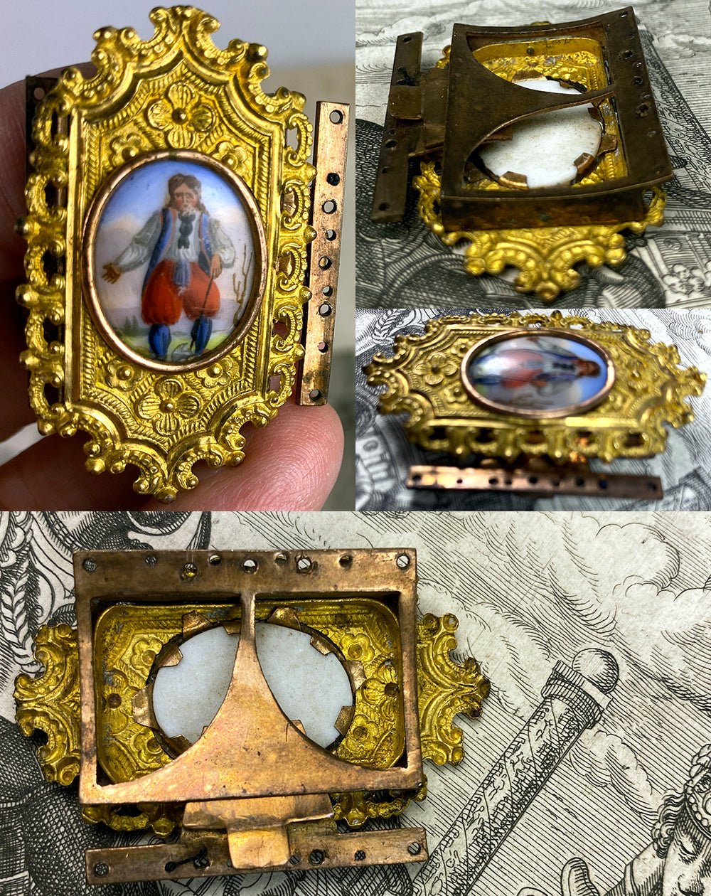 Antique Victorian Era 10k Gold Face Bracelet or Necklace Clasp, Portrait Miniature Porcelain