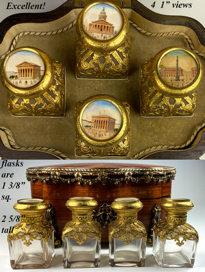 RARE Antique French 4 Scent Bottle Grand Tour Souvenir Scent Caddy, Kingwood Chest, Box